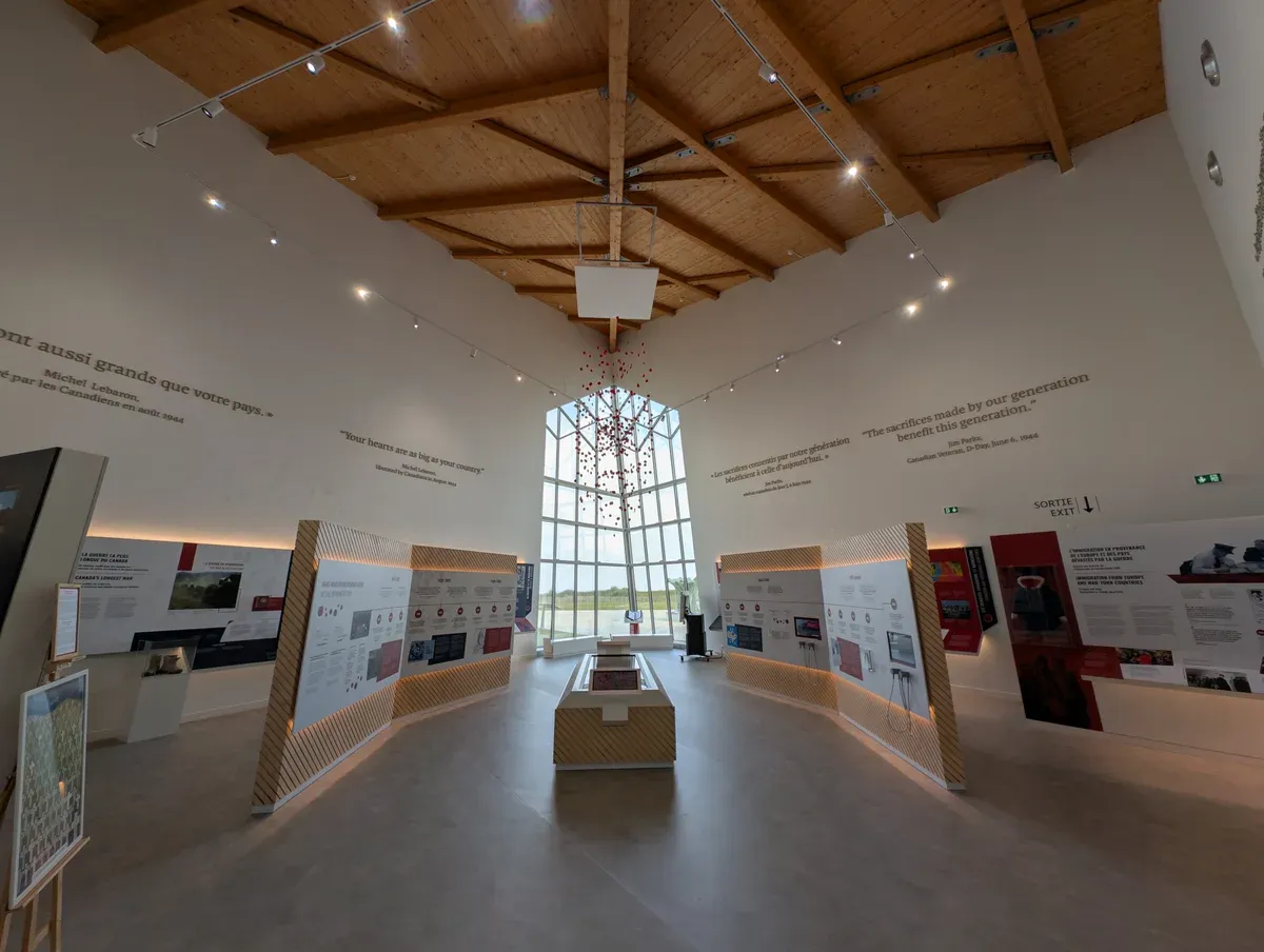 An exhibit hall inside the Juno Beach Centre, visited on the Canadian Normandy tour from Paris